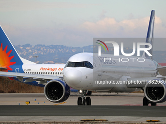 An Airbus A321-271NX from Aegean Airlines prepares for takeoff on the runway at Barcelona Airport in Barcelona, Spain, on January 11, 2024....