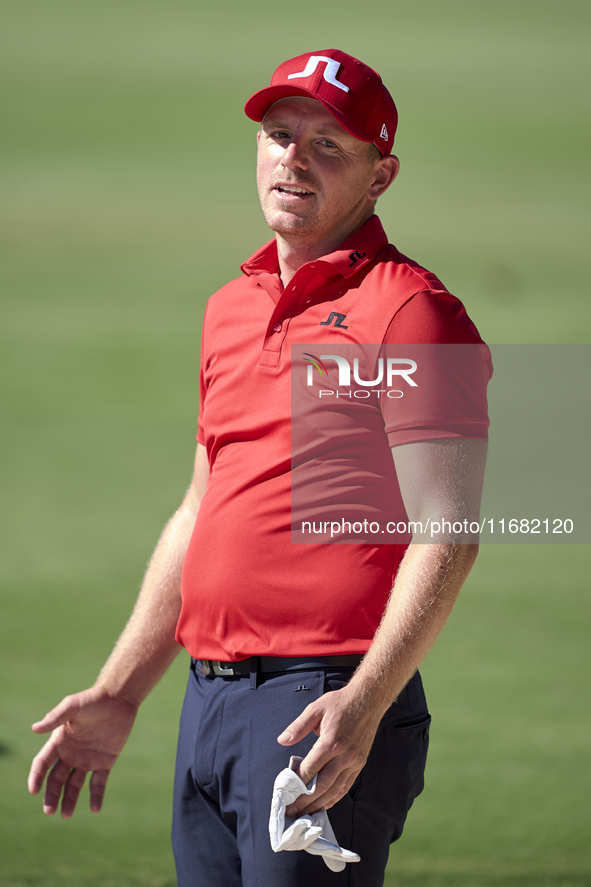 Matt Wallace of England reacts on the 15th hole on the third day of the Estrella Damm N.A. Andalucia Masters 2024 at Real Club de Golf Sotog...