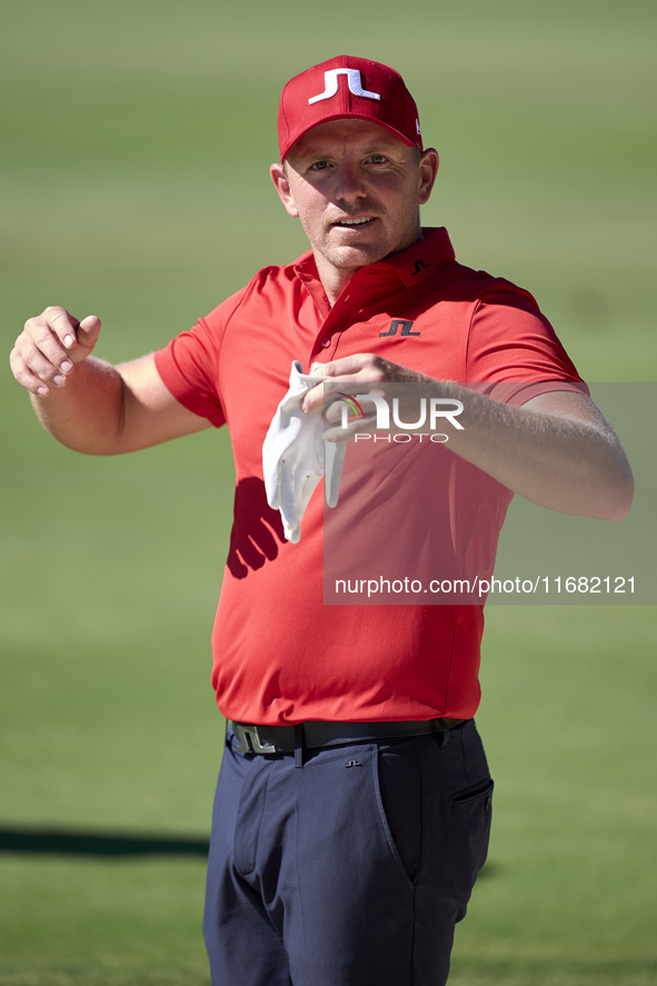 Matt Wallace of England reacts on the 15th hole on the third day of the Estrella Damm N.A. Andalucia Masters 2024 at Real Club de Golf Sotog...