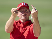 Matt Wallace of England reacts on the 15th hole on the third day of the Estrella Damm N.A. Andalucia Masters 2024 at Real Club de Golf Sotog...