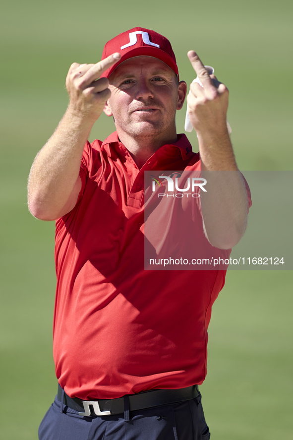 Matt Wallace of England reacts on the 15th hole on the third day of the Estrella Damm N.A. Andalucia Masters 2024 at Real Club de Golf Sotog...