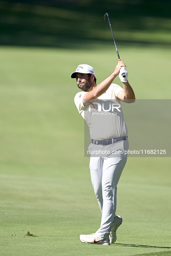 Adrian Otaegui of Spain plays his second shot on the 15th hole on the third day of the Estrella Damm N.A. Andalucia Masters 2024 at Real Clu...