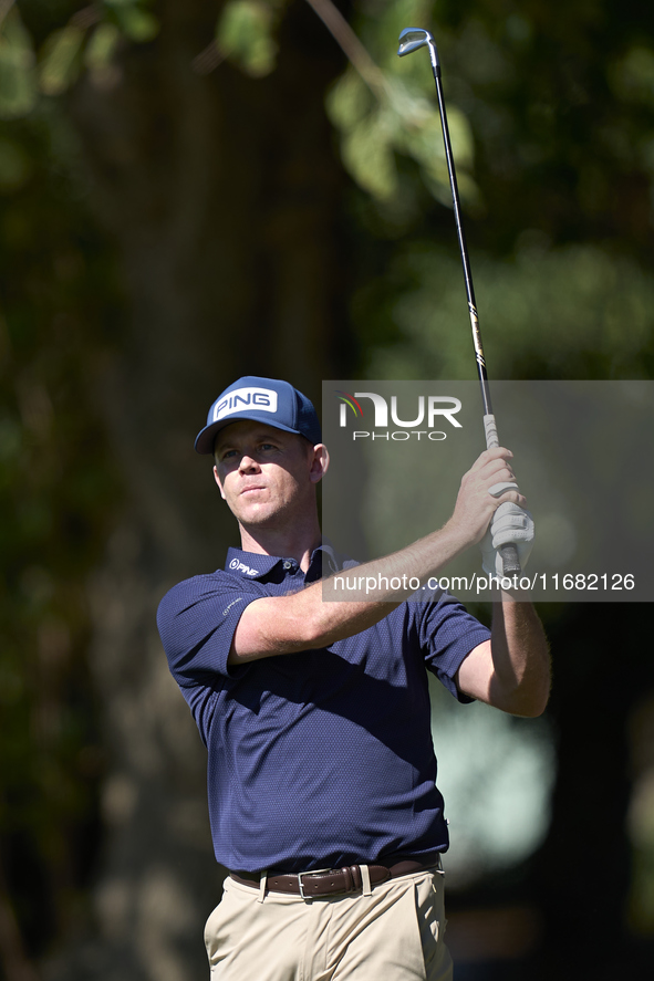 Brandon Stone of South Africa plays his second shot on the 15th hole on the third day of the Estrella Damm N.A. Andalucia Masters 2024 at Re...