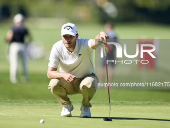 Rasmus Hojgaard of Denmark studies his shot on the 14th green on the third day of the Estrella Damm N.A. Andalucia Masters 2024 at Real Club...