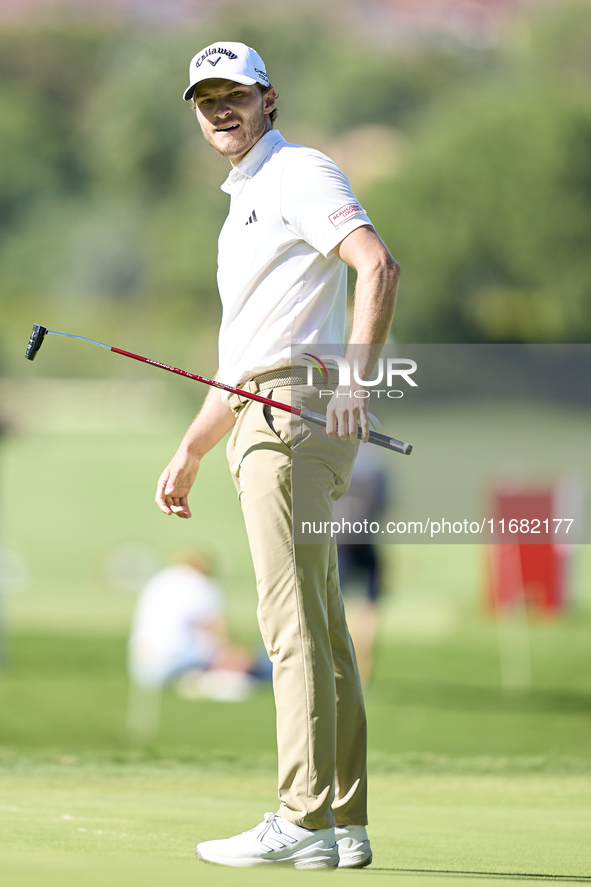 Rasmus Hojgaard of Denmark reacts on the 14th green on the third day of the Estrella Damm N.A. Andalucia Masters 2024 at Real Club de Golf S...