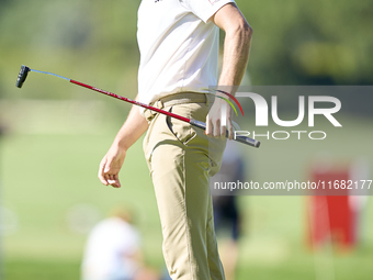 Rasmus Hojgaard of Denmark reacts on the 14th green on the third day of the Estrella Damm N.A. Andalucia Masters 2024 at Real Club de Golf S...