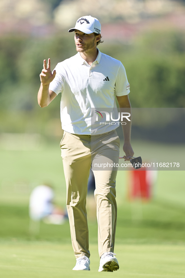 Rasmus Hojgaard of Denmark reacts on the 14th green on the third day of the Estrella Damm N.A. Andalucia Masters 2024 at Real Club de Golf S...