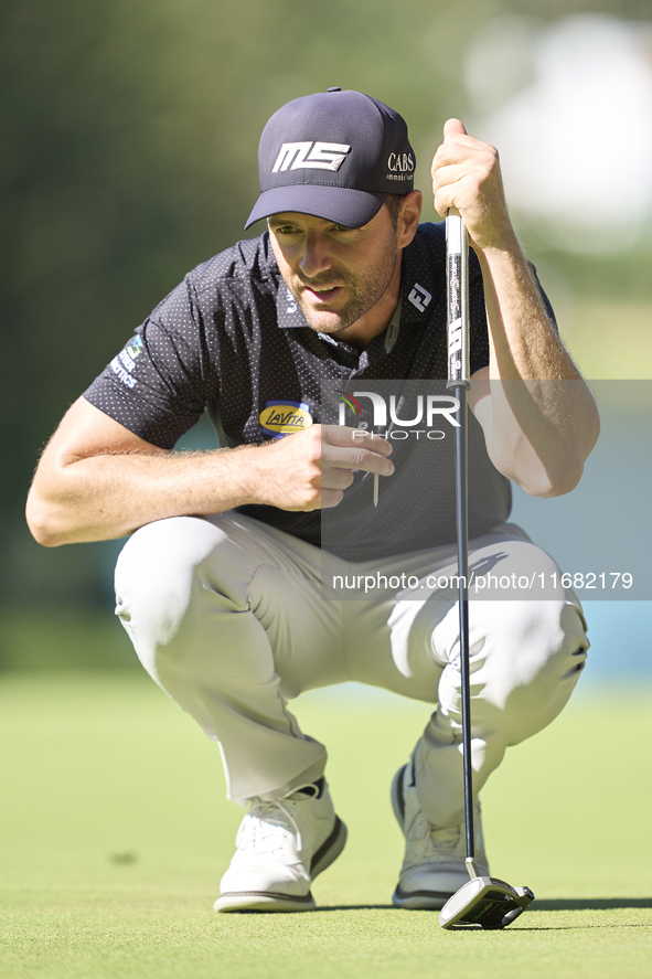 Marcel Schneider of Germany studies his shot on the 14th green on the third day of the Estrella Damm N.A. Andalucia Masters 2024 at Real Clu...