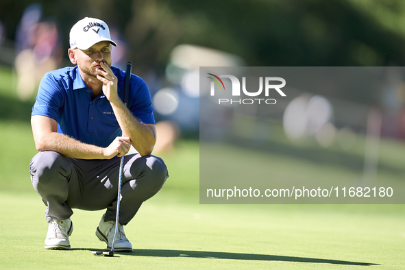 Daniel Gavins of England studies his shot on the 14th green on the third day of the Estrella Damm N.A. Andalucia Masters 2024 at Real Club d...