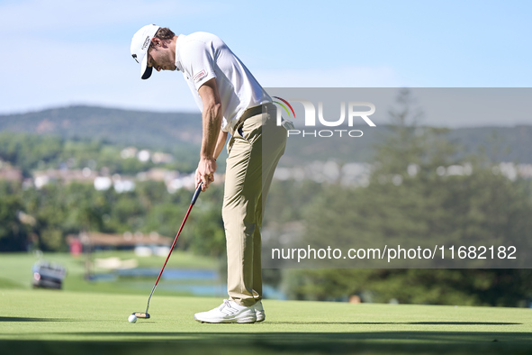 Rasmus Hojgaard of Denmark plays a shot on the 14th green on the third day of the Estrella Damm N.A. Andalucia Masters 2024 at Real Club de...