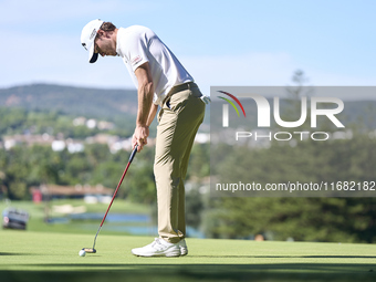 Rasmus Hojgaard of Denmark plays a shot on the 14th green on the third day of the Estrella Damm N.A. Andalucia Masters 2024 at Real Club de...