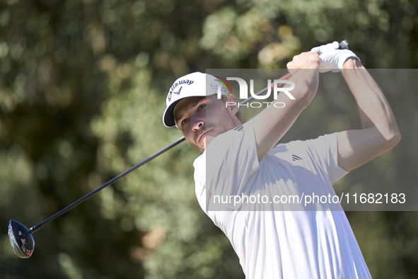 Rasmus Hojgaard of Denmark tees off on the 15th hole on the third day of the Estrella Damm N.A. Andalucia Masters 2024 at Real Club de Golf...