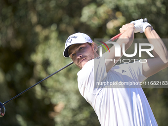 Rasmus Hojgaard of Denmark tees off on the 15th hole on the third day of the Estrella Damm N.A. Andalucia Masters 2024 at Real Club de Golf...