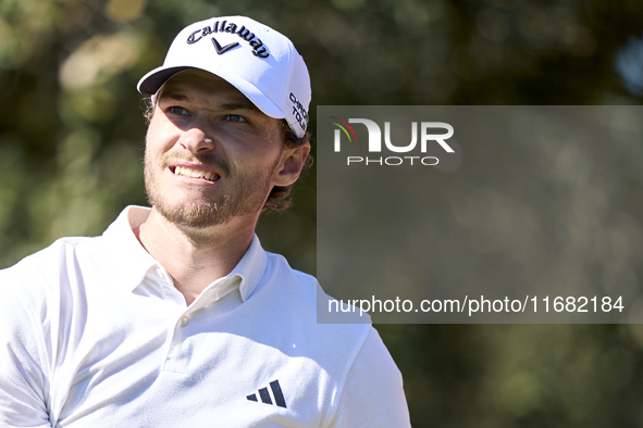 Rasmus Hojgaard of Denmark tees off on the 15th hole on the third day of the Estrella Damm N.A. Andalucia Masters 2024 at Real Club de Golf...