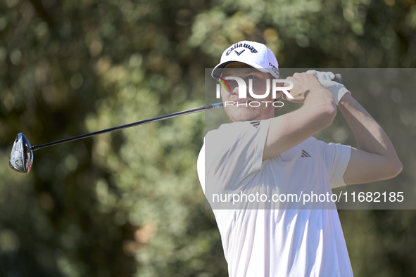 Rasmus Hojgaard of Denmark tees off on the 15th hole on the third day of the Estrella Damm N.A. Andalucia Masters 2024 at Real Club de Golf...