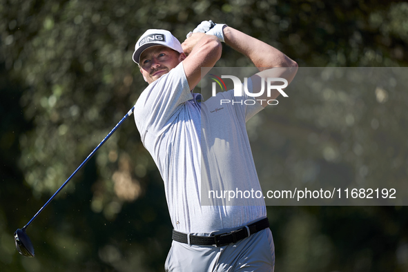 Victor Perez of France tees off on the 15th hole on the third day of the Estrella Damm N.A. Andalucia Masters 2024 at Real Club de Golf Soto...