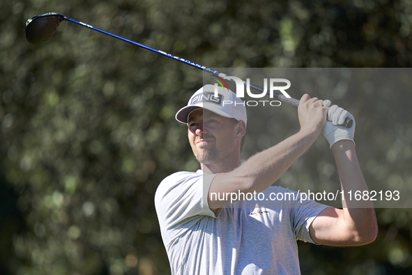 Victor Perez of France tees off on the 15th hole on the third day of the Estrella Damm N.A. Andalucia Masters 2024 at Real Club de Golf Soto...