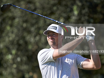 Victor Perez of France tees off on the 15th hole on the third day of the Estrella Damm N.A. Andalucia Masters 2024 at Real Club de Golf Soto...