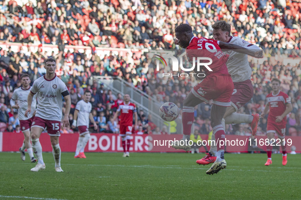 Emmanuel Latte Lath of Middlesbrough challenges for the ball during the Sky Bet Championship match between Middlesbrough and Bristol City at...