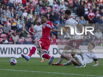 Delano Burgzorg of Middlesbrough goes down in the box, but no penalty is given during the Sky Bet Championship match between Middlesbrough a...