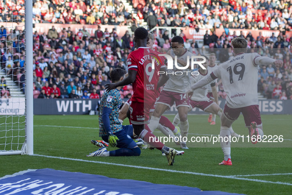 Emmanuel Latte Lath goes close during the Sky Bet Championship match between Middlesbrough and Bristol City at the Riverside Stadium in Midd...