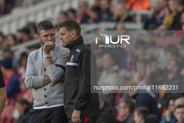 Middlesbrough Manager Michael Carrick discusses options with his assistant Jonathan Woodgate during the Sky Bet Championship match between M...