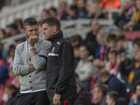 Middlesbrough Manager Michael Carrick discusses options with his assistant Jonathan Woodgate during the Sky Bet Championship match between M...