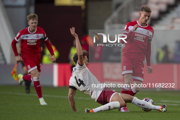 Marcus Forss of Middlesbrough is tackled by Kal Naismith of Bristol City during the Sky Bet Championship match between Middlesbrough and Bri...