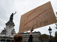 A man holds a sign reading ''Accident (crossed), intimidation (crossed) and murder'' during a gathering at the Place de La Republique in Par...