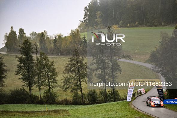 Driver Andreas Mikkelsen and co-driver Torstein Eriksen of the Hyundai Shell Mobis World Rally Team, in a Hyundai i20 N Rally1 Hybrid, face...