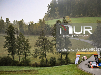 Driver Andreas Mikkelsen and co-driver Torstein Eriksen of the Hyundai Shell Mobis World Rally Team, in a Hyundai i20 N Rally1 Hybrid, face...