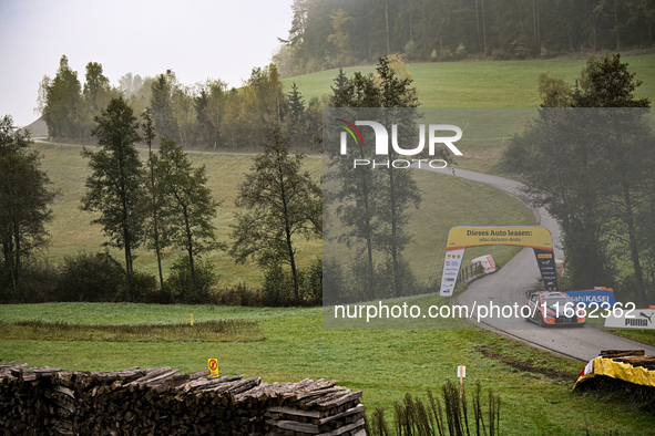 Driver Ott Tanak and co-driver Martin Jarveoja of the Hyundai Shell Mobis World Rally Team, in a Hyundai i20 N Rally1 Hybrid, face the third...