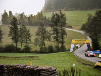 Driver Ott Tanak and co-driver Martin Jarveoja of the Hyundai Shell Mobis World Rally Team, in a Hyundai i20 N Rally1 Hybrid, face the third...