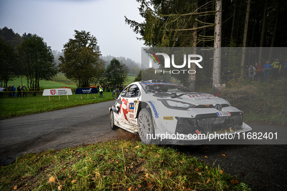 Driver Sami Pajari and co-driver Enni Malkonen, of the team Toyota Gazoo Racing WRT, in a Toyota GR Yaris Rally1 Hybrid, face the third day...