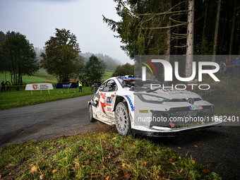 Driver Sami Pajari and co-driver Enni Malkonen, of the team Toyota Gazoo Racing WRT, in a Toyota GR Yaris Rally1 Hybrid, face the third day...