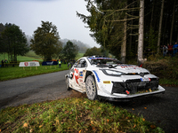 Driver Sami Pajari and co-driver Enni Malkonen, of the team Toyota Gazoo Racing WRT, in a Toyota GR Yaris Rally1 Hybrid, face the third day...