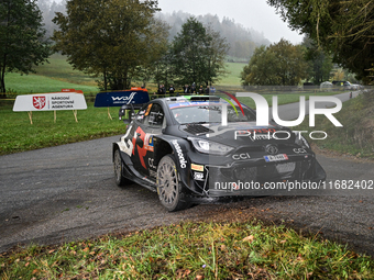 Driver Elfyn Evans and co-driver Scott Martin of the team Toyota Gazoo Racing WRT, in a Toyota GR Yaris Rally1 Hybrid, face the third day of...