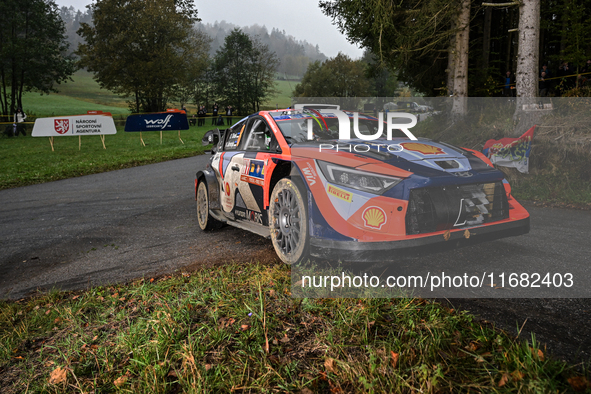 Driver Ott Tanak and co-driver Martin Jarveoja of the Hyundai Shell Mobis World Rally Team, in a Hyundai i20 N Rally1 Hybrid, face the third...