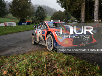 Driver Ott Tanak and co-driver Martin Jarveoja of the Hyundai Shell Mobis World Rally Team, in a Hyundai i20 N Rally1 Hybrid, face the third...