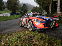 Driver Ott Tanak and co-driver Martin Jarveoja of the Hyundai Shell Mobis World Rally Team, in a Hyundai i20 N Rally1 Hybrid, face the third...