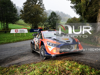 Driver Thierry Neuville and co-driver Martijn Wydaeghe of the Hyundai Shell Mobis World Rally Team, in a Hyundai I20 N Rally1 Hybrid, face t...