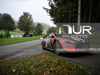 Driver Thierry Neuville and co-driver Martijn Wydaeghe of the Hyundai Shell Mobis World Rally Team, in a Hyundai I20 N Rally1 Hybrid, face t...