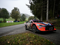 Driver Thierry Neuville and co-driver Martijn Wydaeghe of the Hyundai Shell Mobis World Rally Team, in a Hyundai I20 N Rally1 Hybrid, face t...