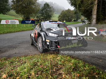 Driver Takamoto Katsuta and co-driver Aaron Johnston of Team Toyota Gazoo Racing WRT, in a Toyota GR Yaris Rally1 Hybrid, face the third day...