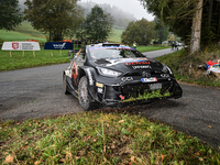 Driver Takamoto Katsuta and co-driver Aaron Johnston of Team Toyota Gazoo Racing WRT, in a Toyota GR Yaris Rally1 Hybrid, face the third day...