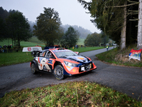 Driver Andreas Mikkelsen and co-driver Torstein Eriksen of the Hyundai Shell Mobis World Rally Team, in a Hyundai i20 N Rally1 Hybrid, face...