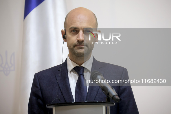 Jean-Noel Barrot, Minister for Europe and Foreign Affairs of the French Republic, attends a joint briefing with Andrii Sybiha, Minister of F...