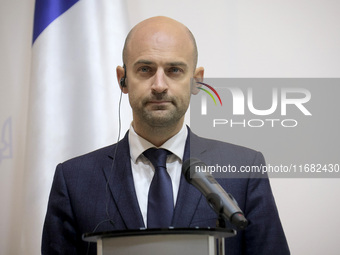 Jean-Noel Barrot, Minister for Europe and Foreign Affairs of the French Republic, attends a joint briefing with Andrii Sybiha, Minister of F...