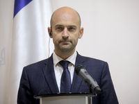 Jean-Noel Barrot, Minister for Europe and Foreign Affairs of the French Republic, attends a joint briefing with Andrii Sybiha, Minister of F...