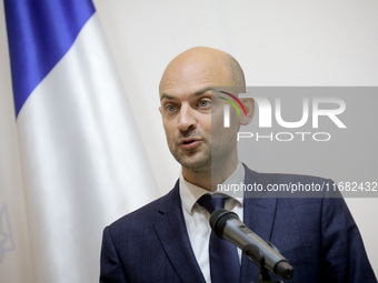 Jean-Noel Barrot, Minister for Europe and Foreign Affairs of the French Republic, attends a joint briefing with Andrii Sybiha, Minister of F...